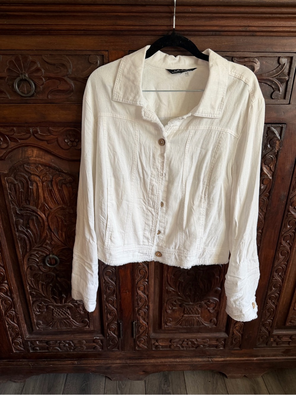 Charlie B Linen Blend White Frayed Hem Button-Front Jacket Size L - Picture 7 of 10